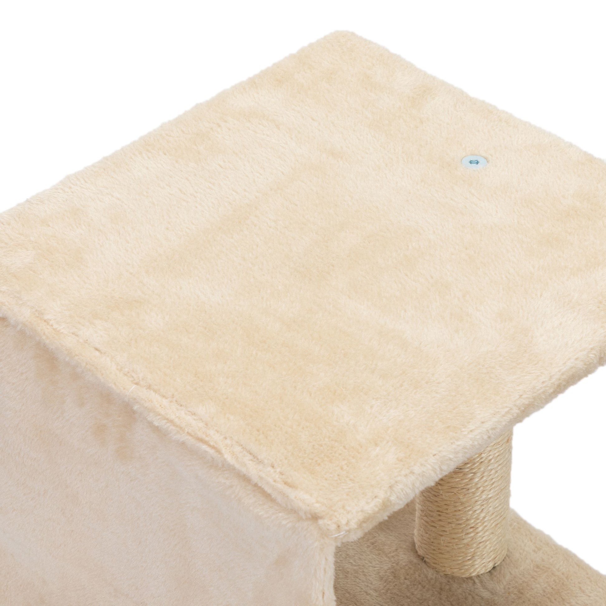 Top view of The Grove Set’s plush cubby perch in soft beige. Gently padded and elevated by a sisal-wrapped post, the surface invites calm observation or a quiet nap above the bustle below.