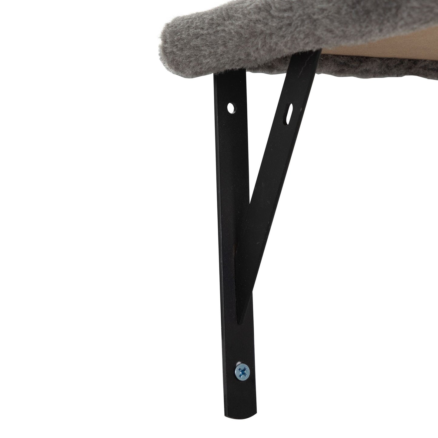 Close-up of the sturdy black metal mounting bracket used in The Grove Set, shown supporting a grey upholstered cat perch—designed for dependable wall installation and elegant support.