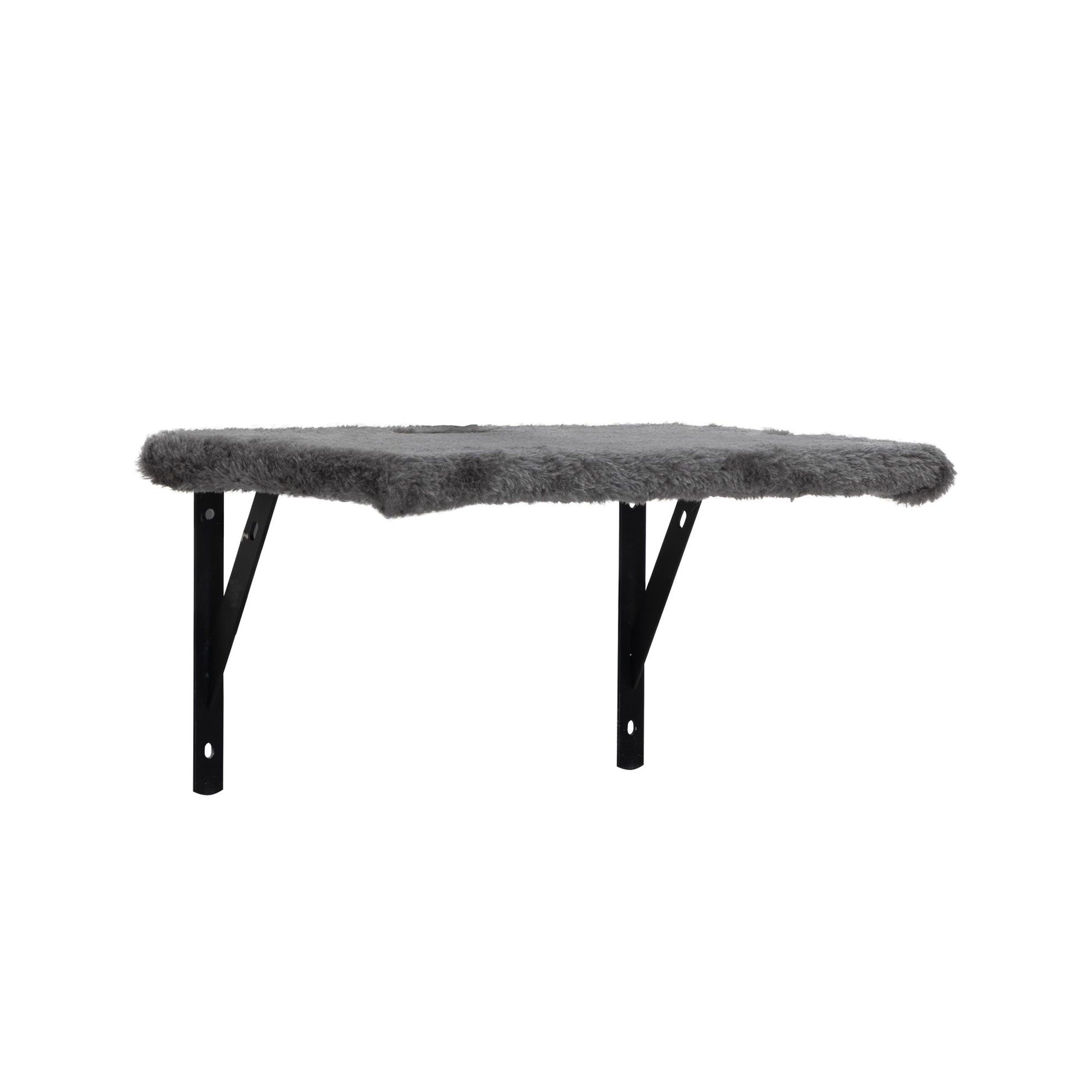 A grey floating cat shelf with a minimalist silhouette, featuring soft faux fur padding and matte black support brackets—an understated landing for elegant climbers.
