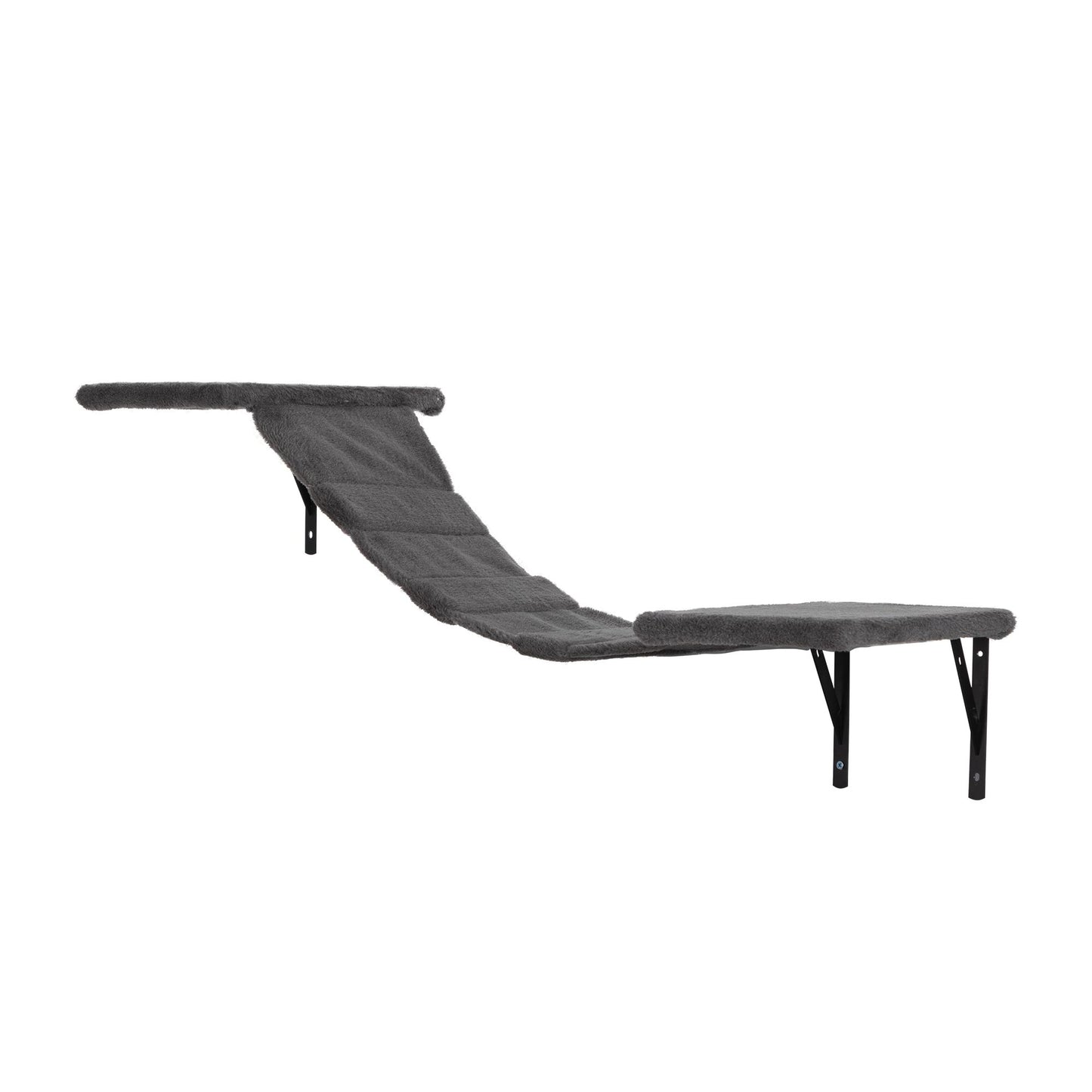 Angled view of The Grove Set’s grey hammock bridge, featuring two soft shelves joined by a flexible fabric ramp. A gentle climbing path crafted for cats to stroll, stretch, and survey from above.