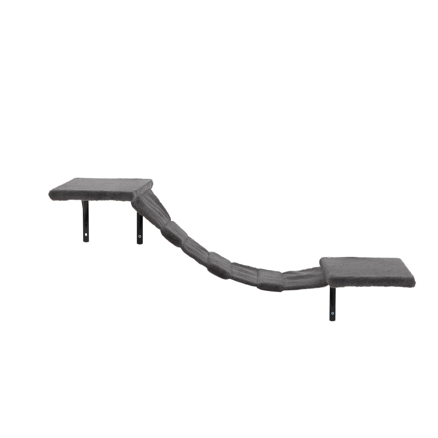 Side view of The Grove Set’s hammock bridge in grey, with two plush platforms connected by a soft suspended walkway. Designed for elevated exploration, offering gentle motion and feline intrigue.