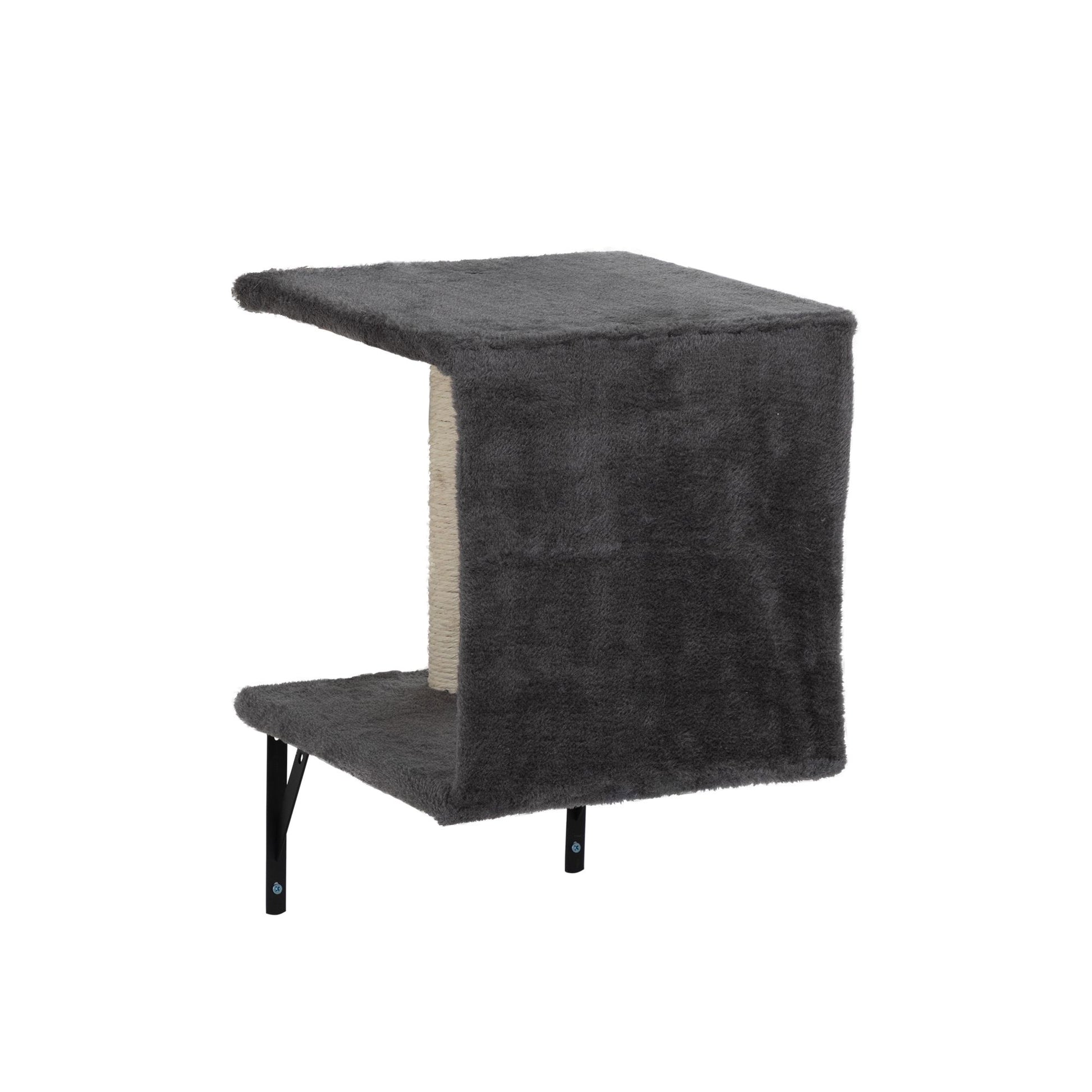 A modern grey wall-mounted cat hideaway from The Grove Set, featuring soft fabric walls and a central sisal post for scratching. A cozy perch and private retreat designed for the quietly dignified feline.