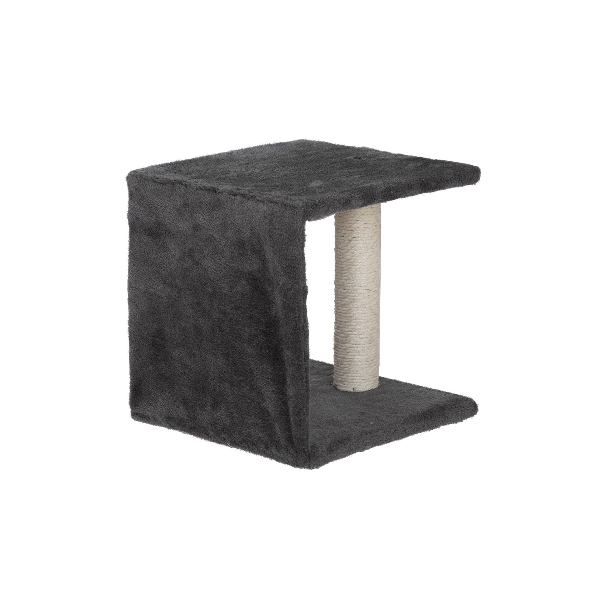 A freestanding grey cat hideaway cube from The Grove Set, wrapped in soft fabric with a central sisal post. Offers a sense of shelter and height for cats who value quiet elevation.