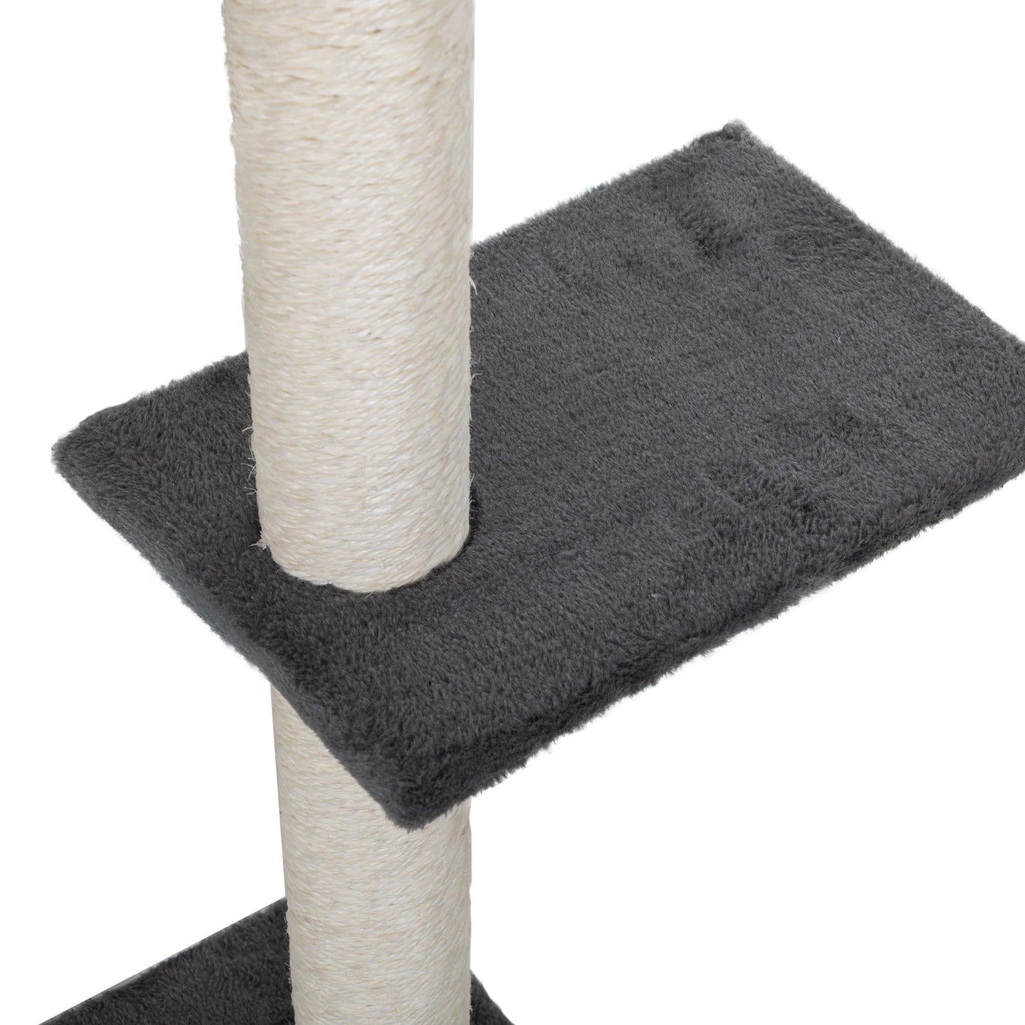 Detailed view of a grey plush perch from The Grove Set, securely wrapped around a sisal-covered climbing post—built for graceful leaps and quiet lounging.