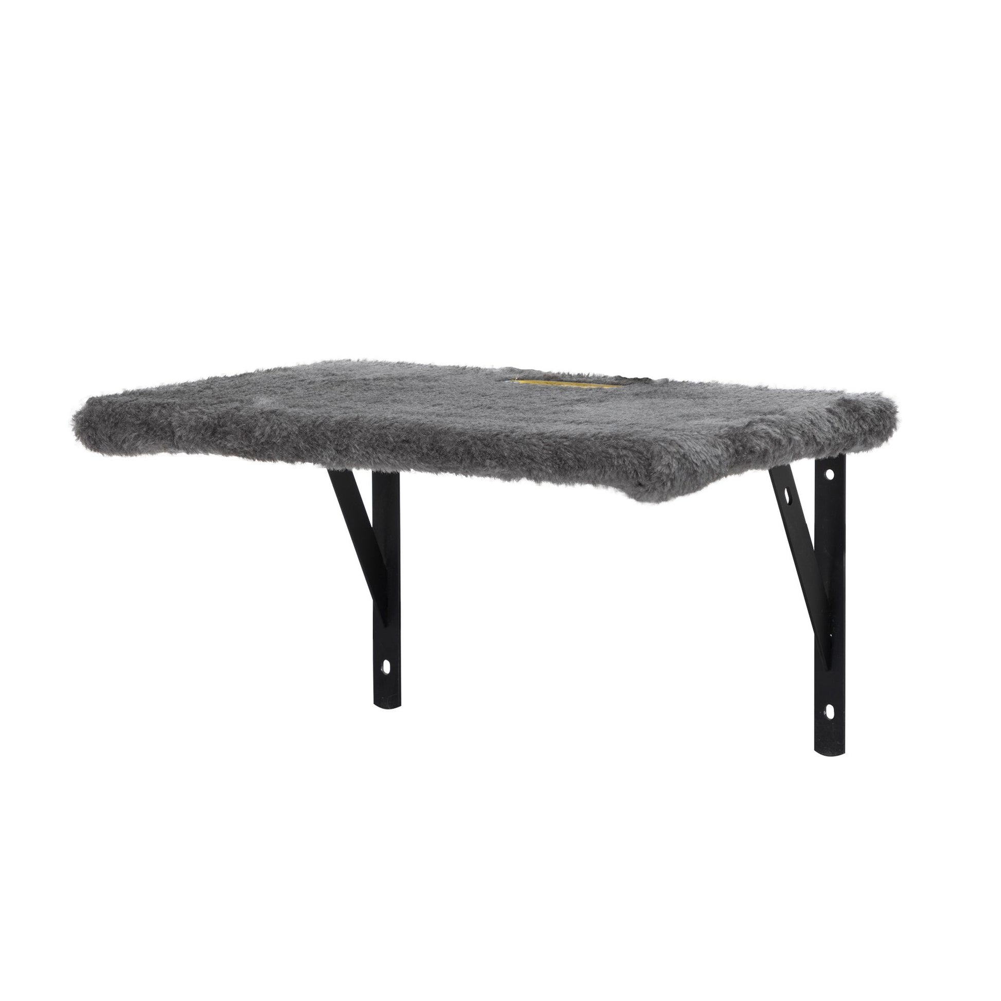 A single grey cat perch from The Grove Set, featuring a plush upholstered surface and sturdy black metal wall brackets—perfect for sunlit lounging or mid-climb pauses.