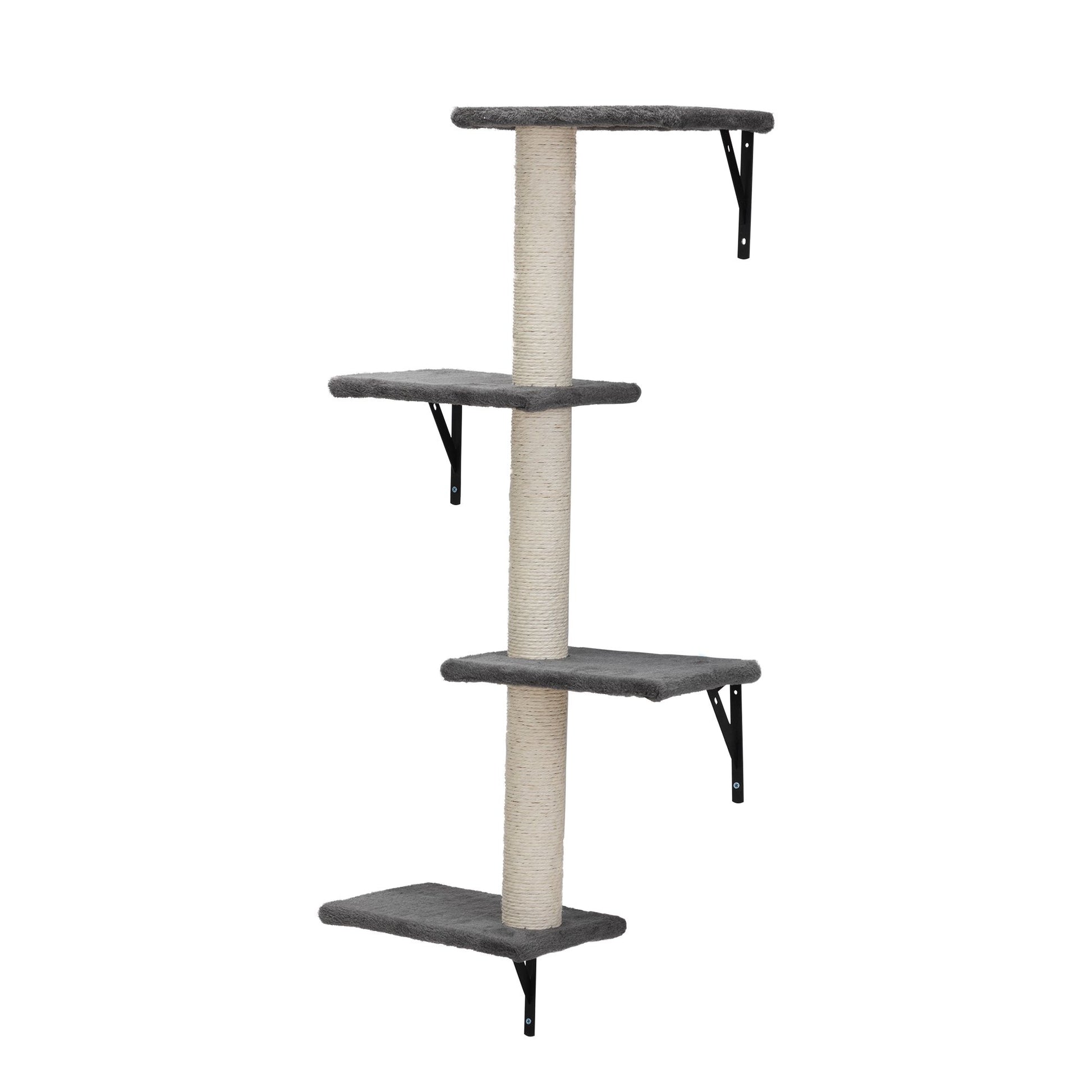 Angled view of The Grove Set’s grey vertical climbing post with four plush platforms and a central sisal column. A sculptural, wall-mounted tower offering enrichment through height, texture, and soft landings.