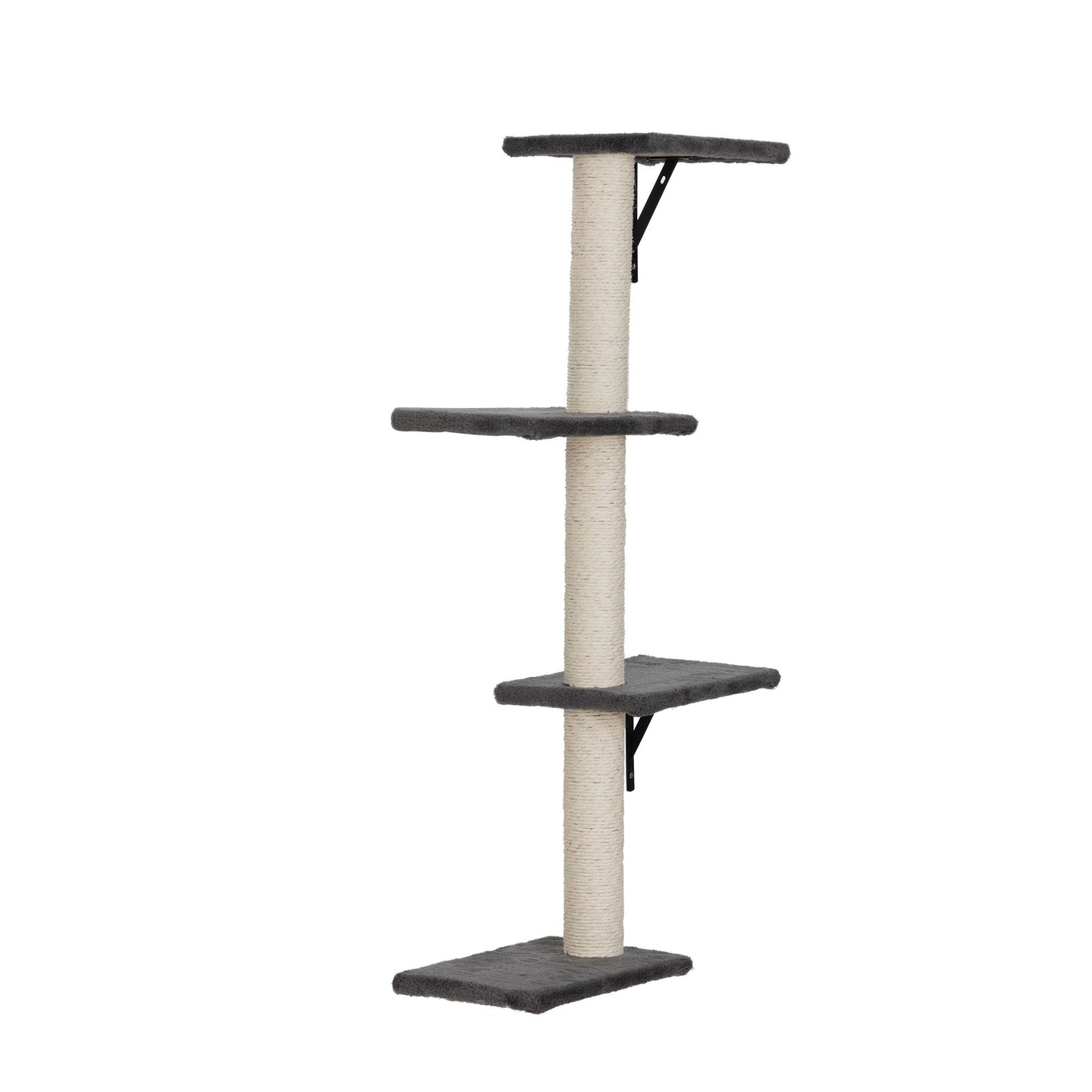 Side view of The Grove Set’s grey vertical climbing post with four minimalist platforms and a sisal-wrapped column. A sleek wall-mounted design offering space-conscious elevation and natural scratching surfaces.