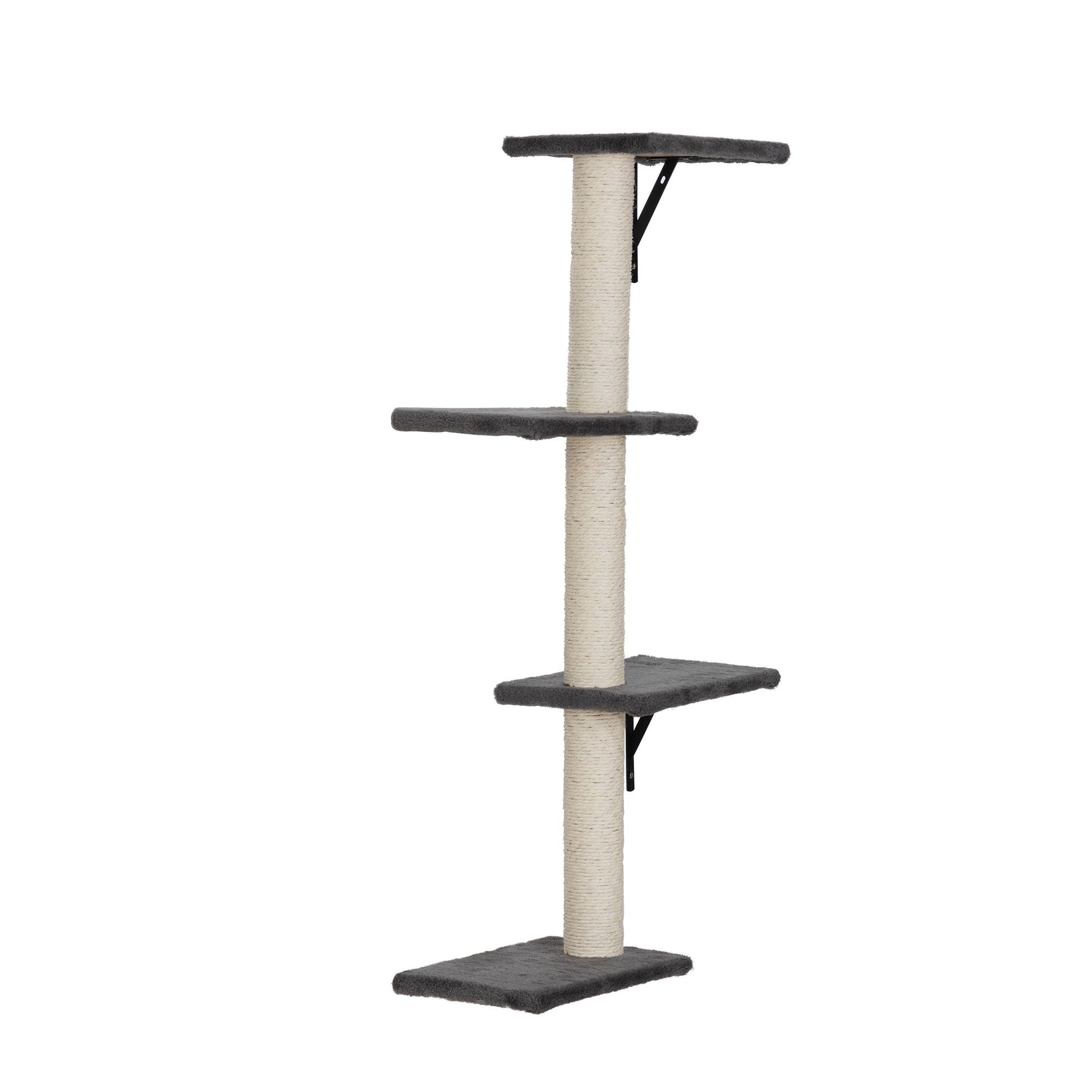 Side view of The Grove Set’s grey vertical climbing post with four minimalist platforms and a sisal-wrapped column. A sleek wall-mounted design offering space-conscious elevation and natural scratching surfaces.