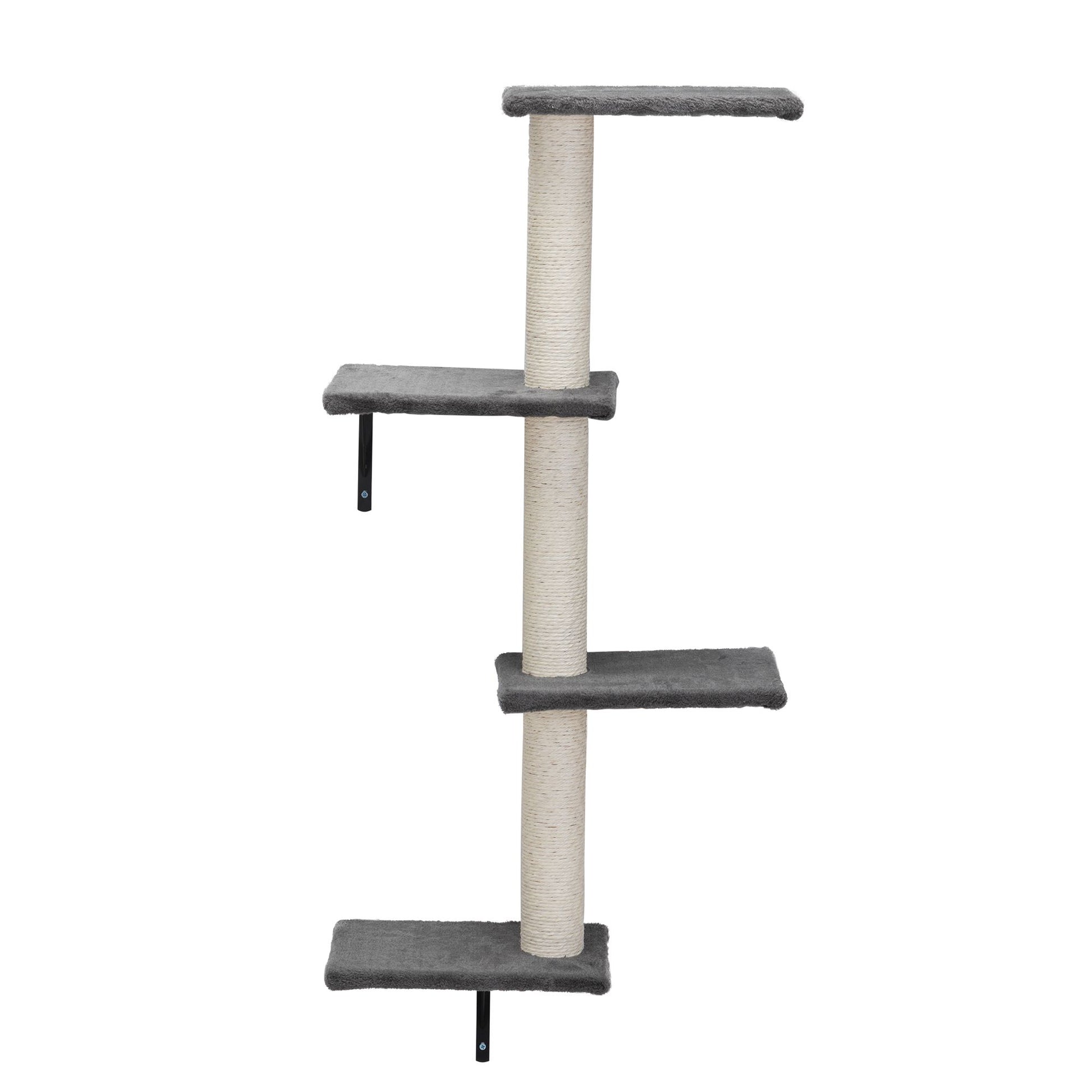 The Grove Set’s vertical climbing post in grey, featuring four staggered plush perches and a central sisal-wrapped column. A soft, space-saving structure for climbing, scratching, and elevated lounging.