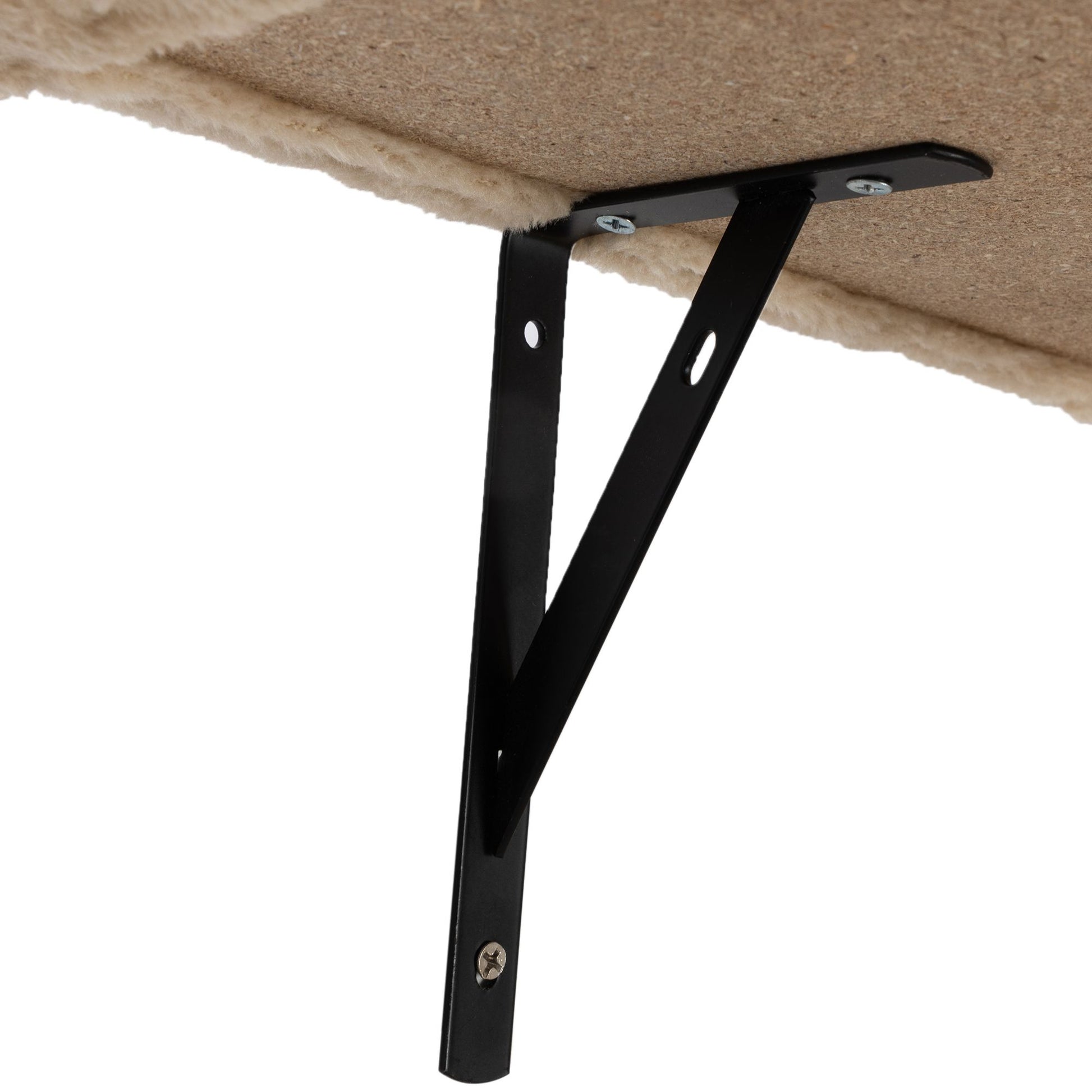 Close-up of the black metal wall bracket supporting a plush-covered cat perch from The Grove Set. Clean lines and sturdy hardware ensure stability and quiet confidence in every climb.