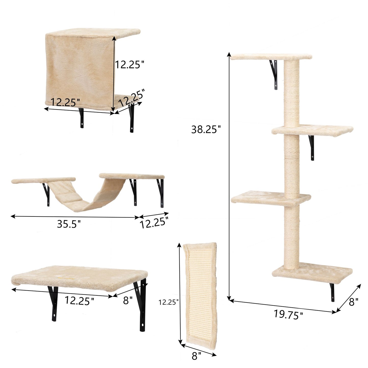Detailed measurements of The Grove Set, a wall-mounted collection of soft-beige climbing pieces including a hammock, lounge shelf, hideaway perch, vertical sisal mat, and sculptural tower—each thoughtfully sized for graceful movement and elegant homes.