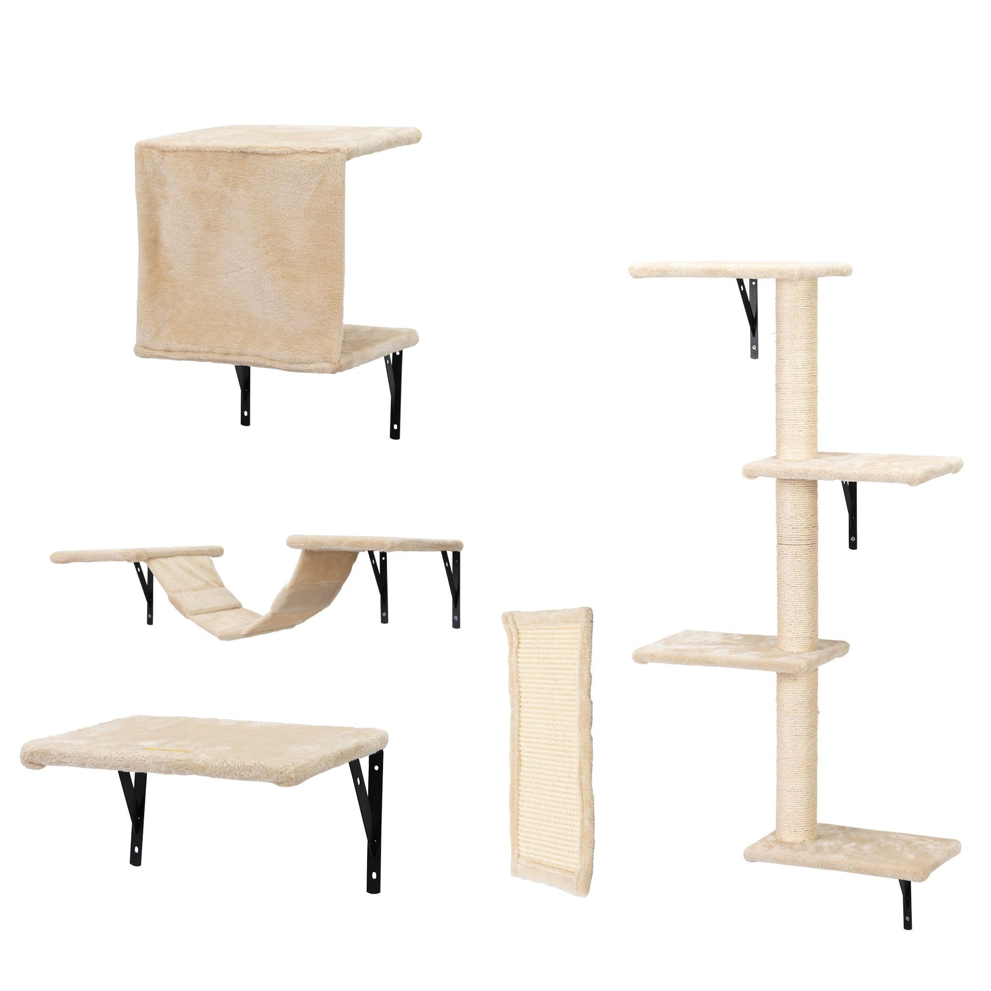Full set of beige wall-mounted cat climbing pieces including a hammock, lounging shelf, vertical sisal scratch pad, multi-level tree with perches, and a cozy cubby. Each piece features soft fabric and black metal brackets for stable, elevated play.