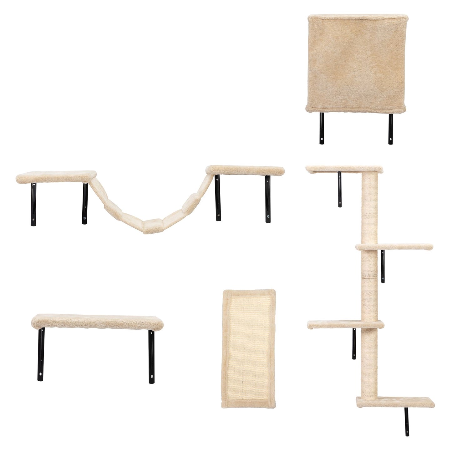 Full set of beige wall-mounted cat climbing pieces including a hammock, lounging shelf, vertical sisal scratch pad, multi-level tree with perches, and a cozy cubby. Each piece features soft fabric and black metal brackets for stable, elevated play.