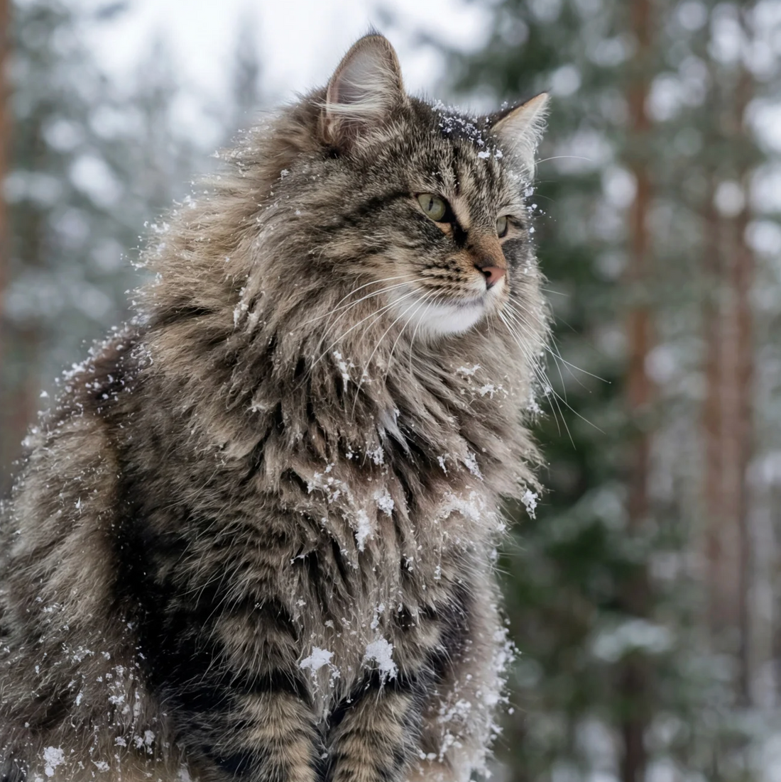 very fluffy tabby cat looking peaceful in a snowstorm