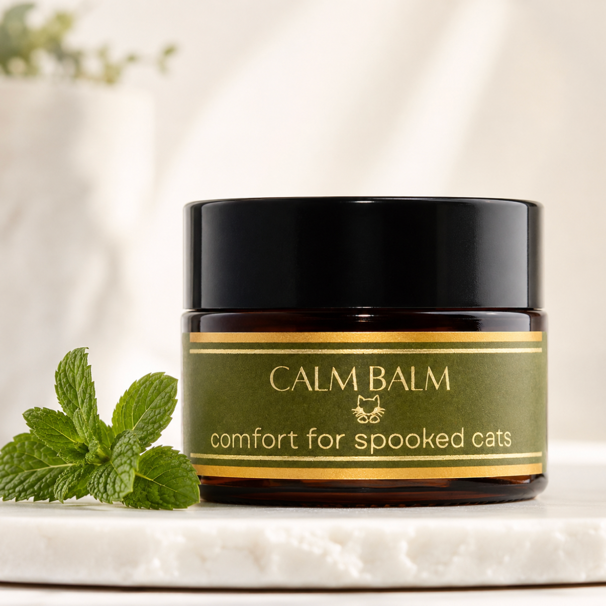 Amber Calm Balm jar with black lid and olive-gold label beside fresh green mint leaves on a warm ivory stone surface with soft natural light.