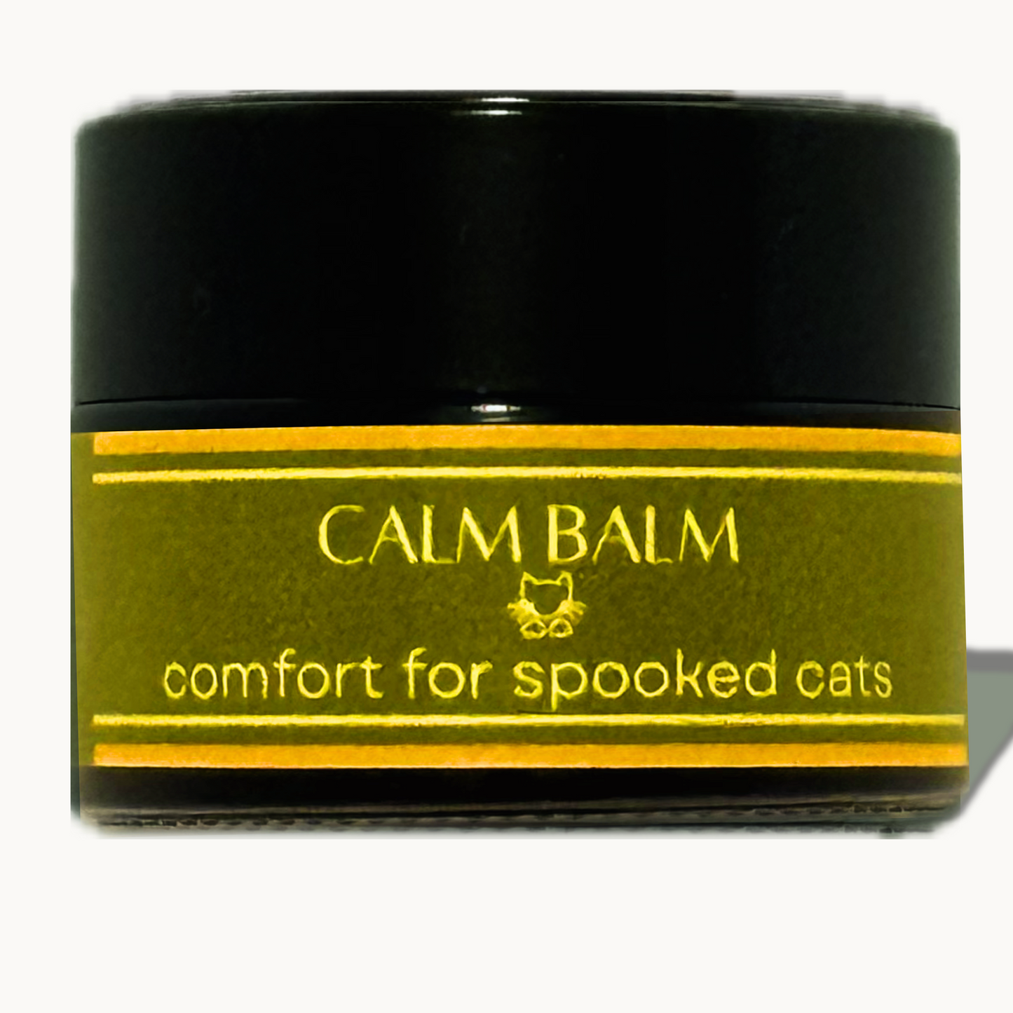 Feline Grove's Calm Balm with black lid and green label on a white background