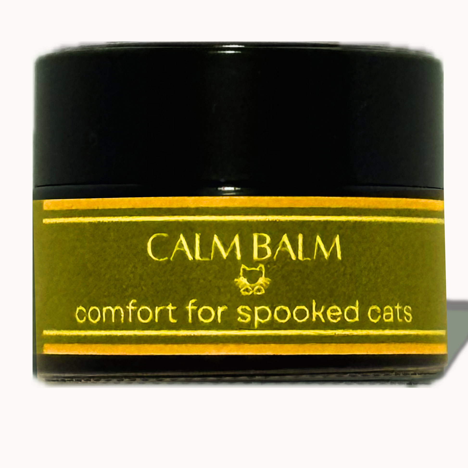 Feline Grove's Calm Balm with black lid and green label on a white background