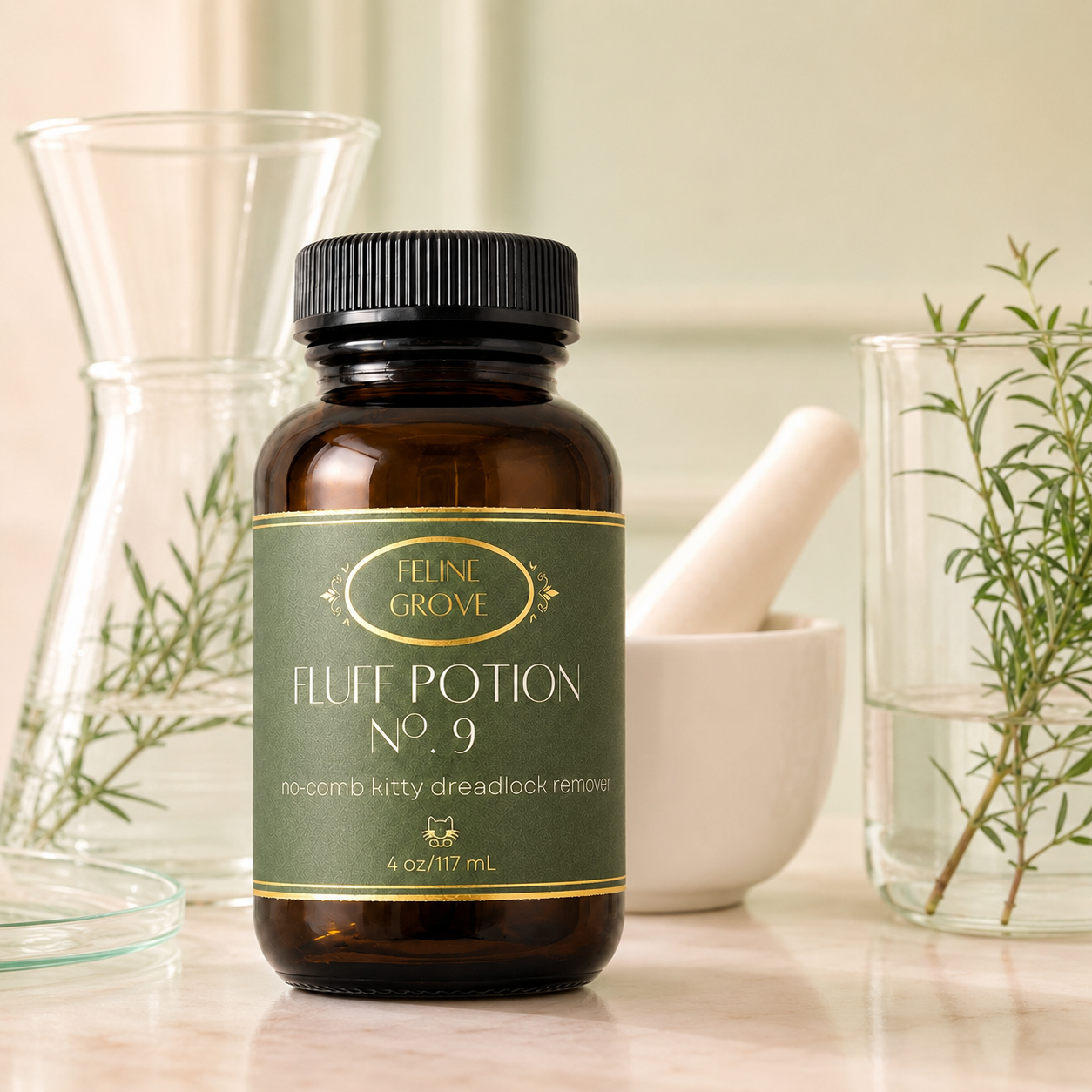 mat remover for cats shown with botanicals and laboratory glassware in a delicate atmosphere