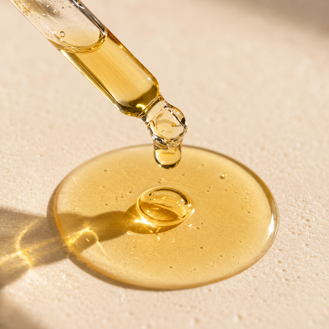 Texture image of Fluff Potion Number 9, kitty cat dreadlock remover. Image shows a dropper of oil and a puddle of oil on a porous peach colored slab