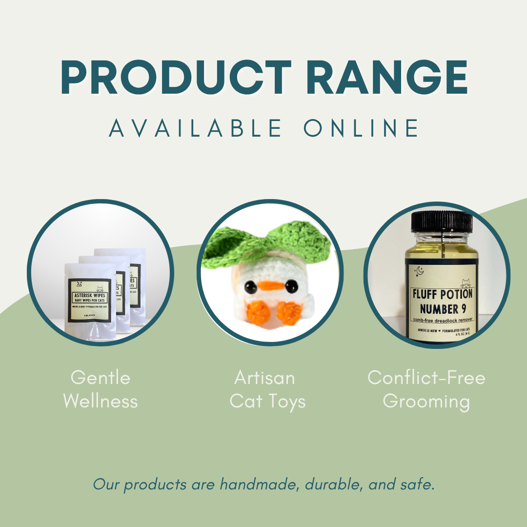 Minou Le-Mew product range available online with images and text on a light green background