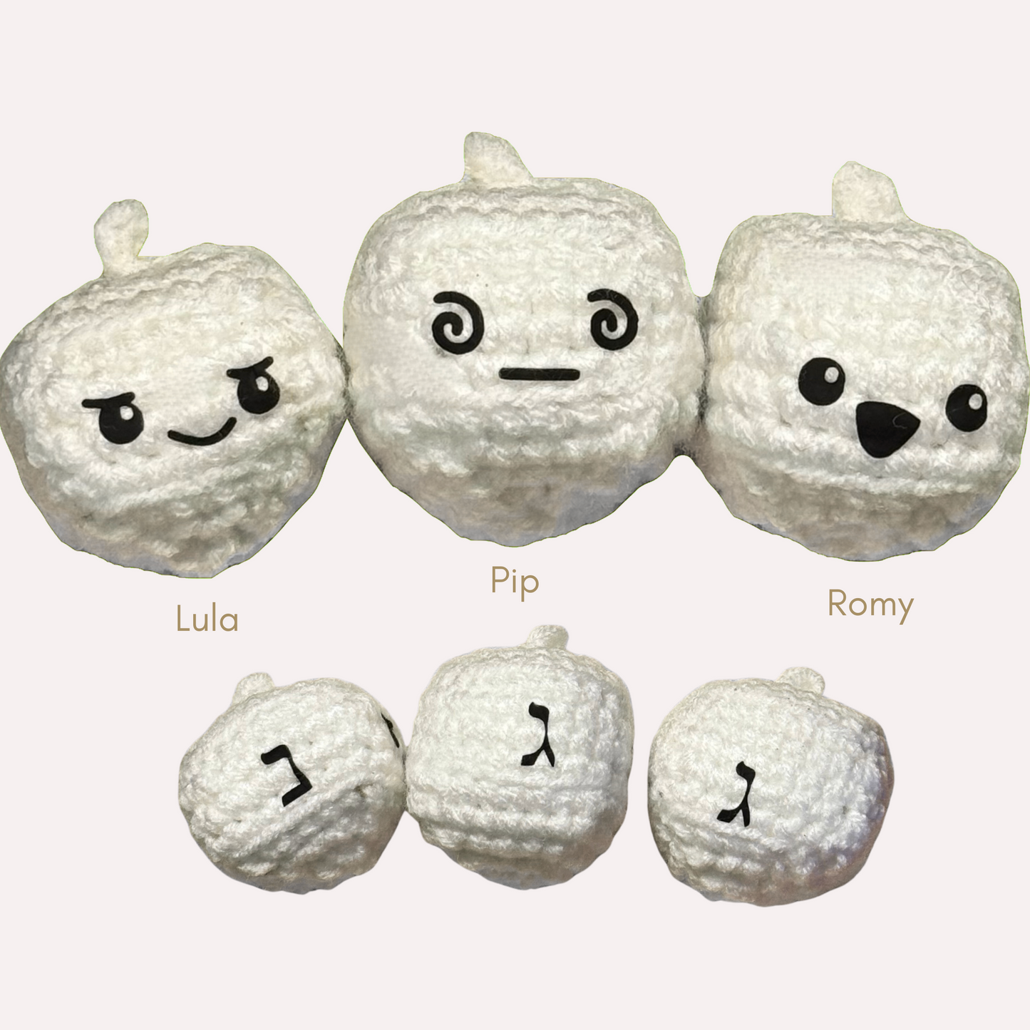 Lula, Pip, and Romy the dreidels | lightweight cat toys