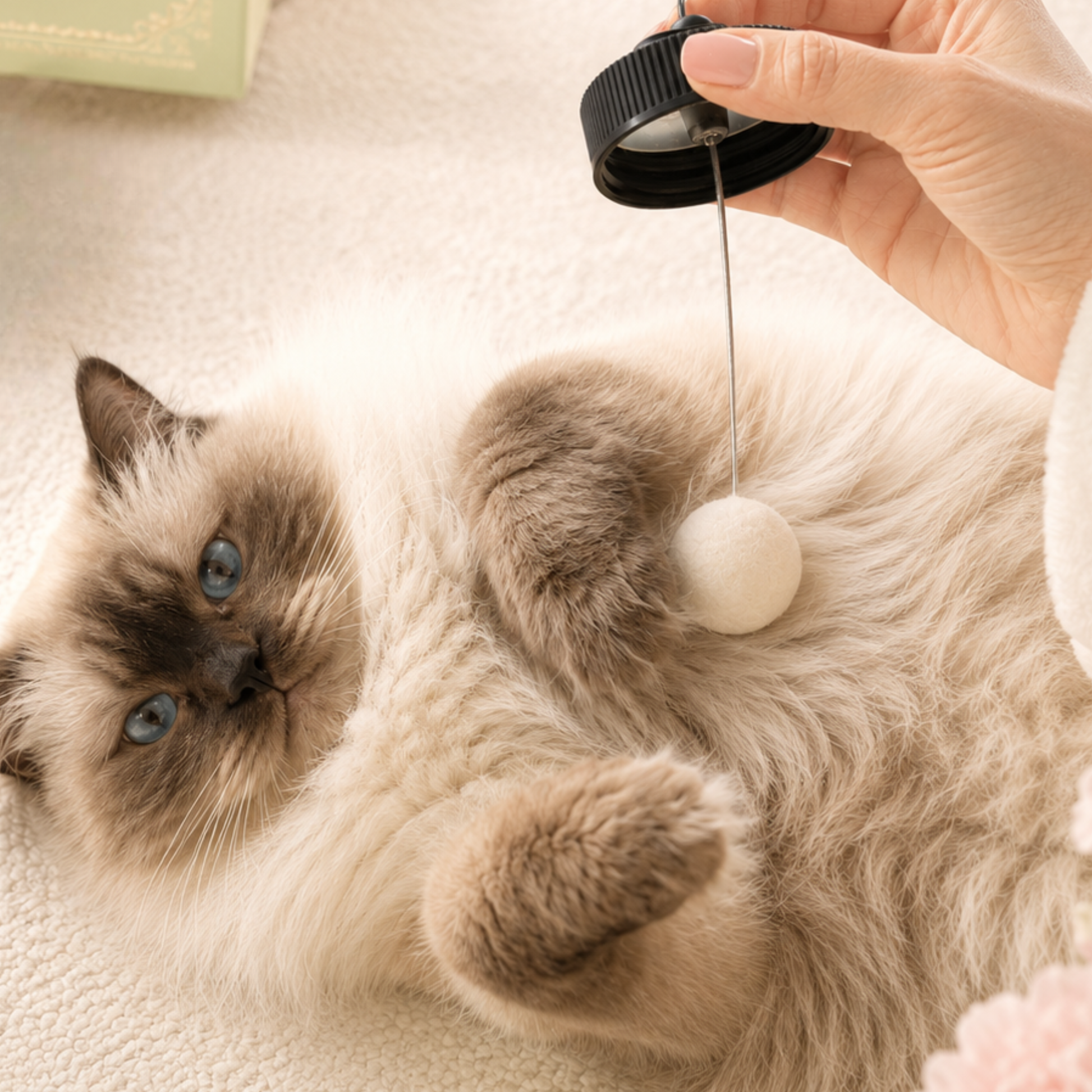 Mat remover for cats shown in action with hand holding cottony applicator brush and brushing it onto a calm ragdoll cat