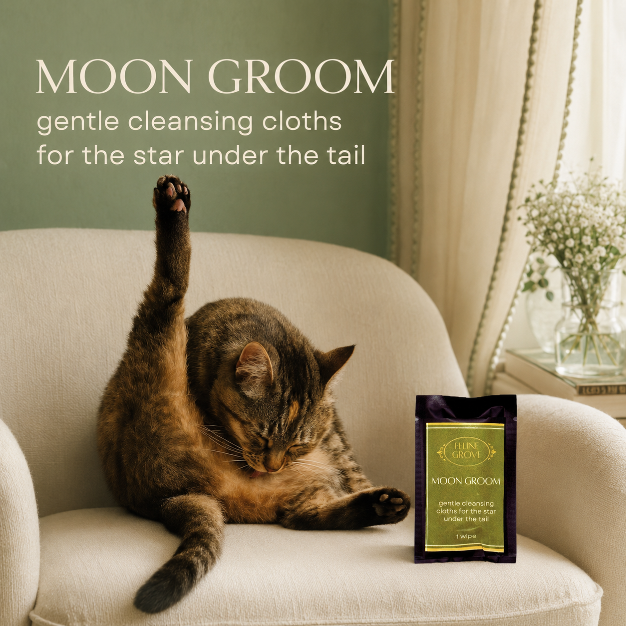Creamy chair with a brown tabby cat washing its hindquarters. The surrounding room is very elegant with mossy green walls, gauzy curtains, and babys breath in a short vase on the side table.