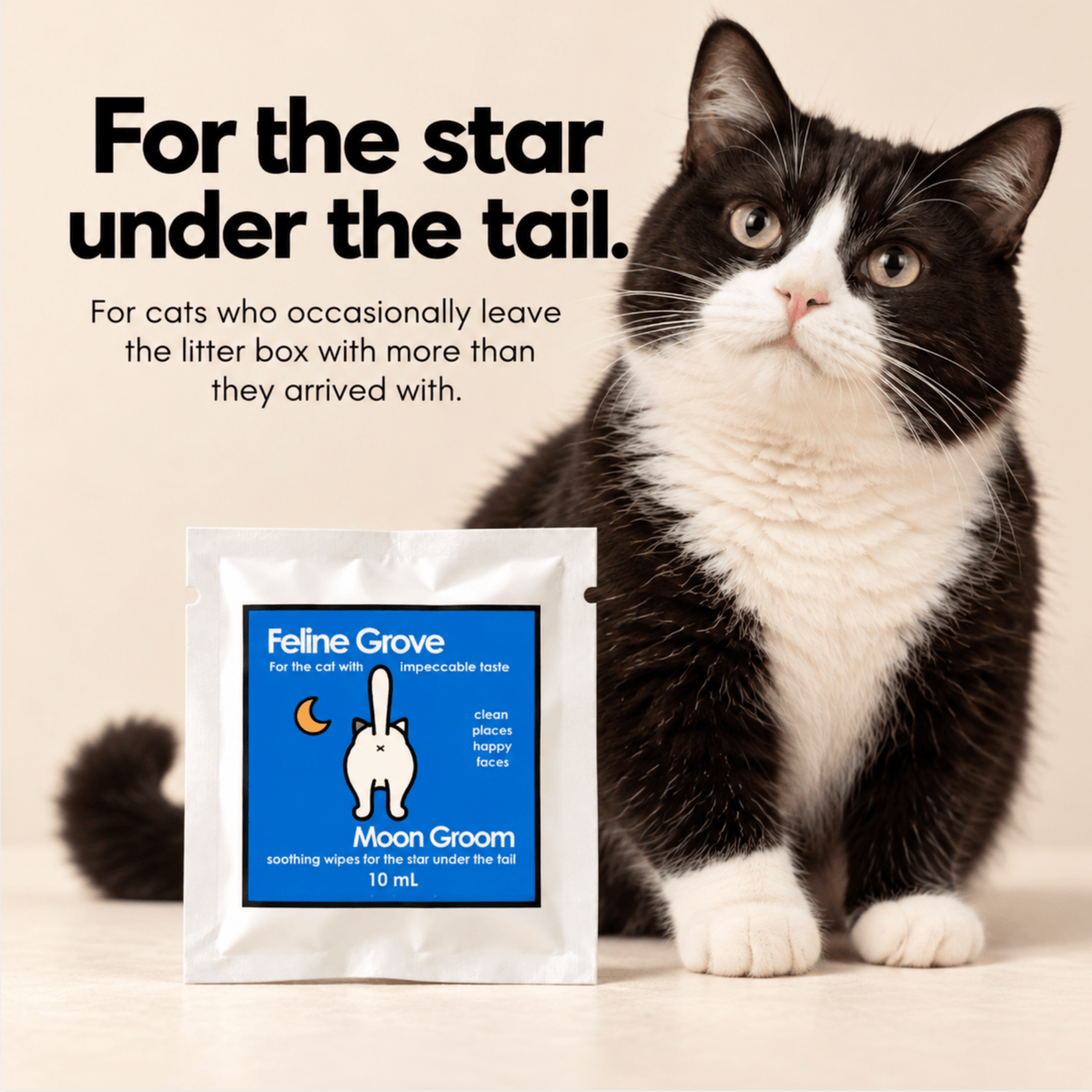 Soothing Kitty Cat Butt Wipes - Moon Groom 2 - wipe with cute black and white chunky tuxedo cat to show consumers this is a cat product. there are words on this one that spell out the fact that this product is a butt wipe for cats