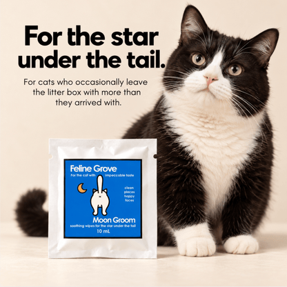 Soothing Kitty Cat Butt Wipes - Moon Groom 2 - wipe with cute black and white chunky tuxedo cat to show consumers this is a cat product. there are words on this one that spell out the fact that this product is a butt wipe for cats
