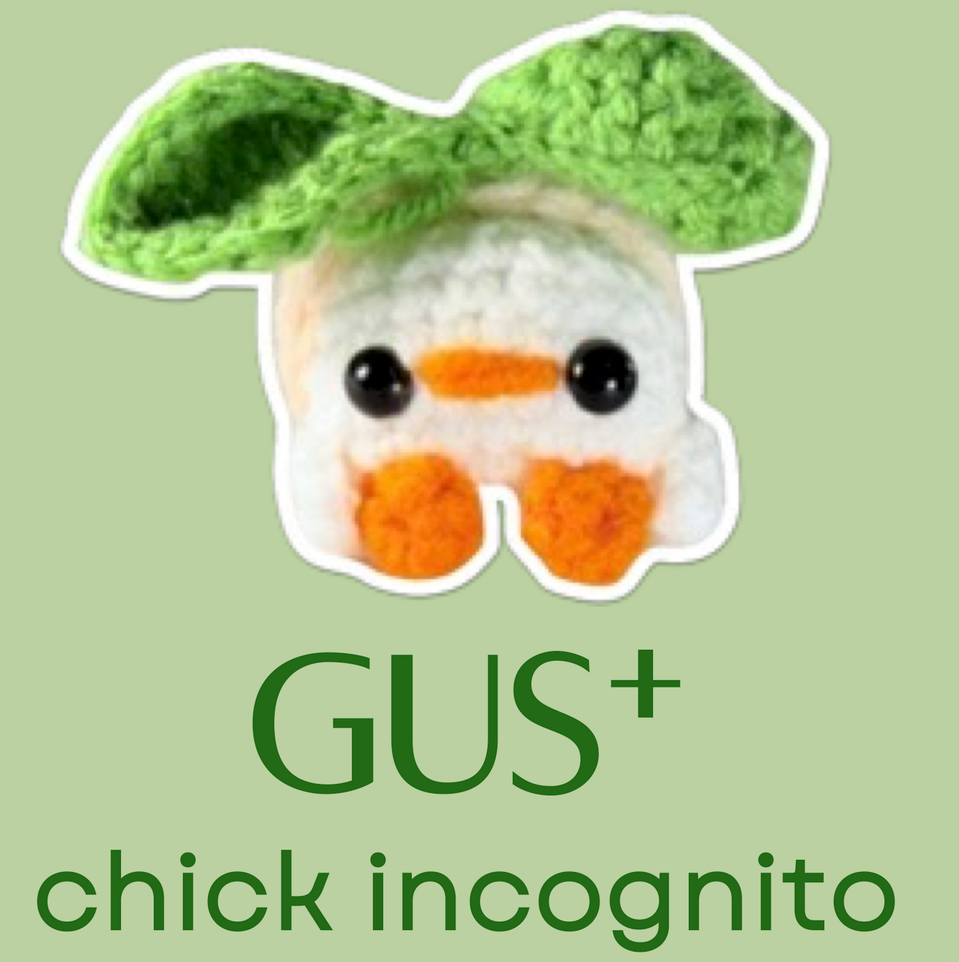 Small plush cat toy with green leaves on a light green background, featuring the text 'GUS+ chick incognito'.