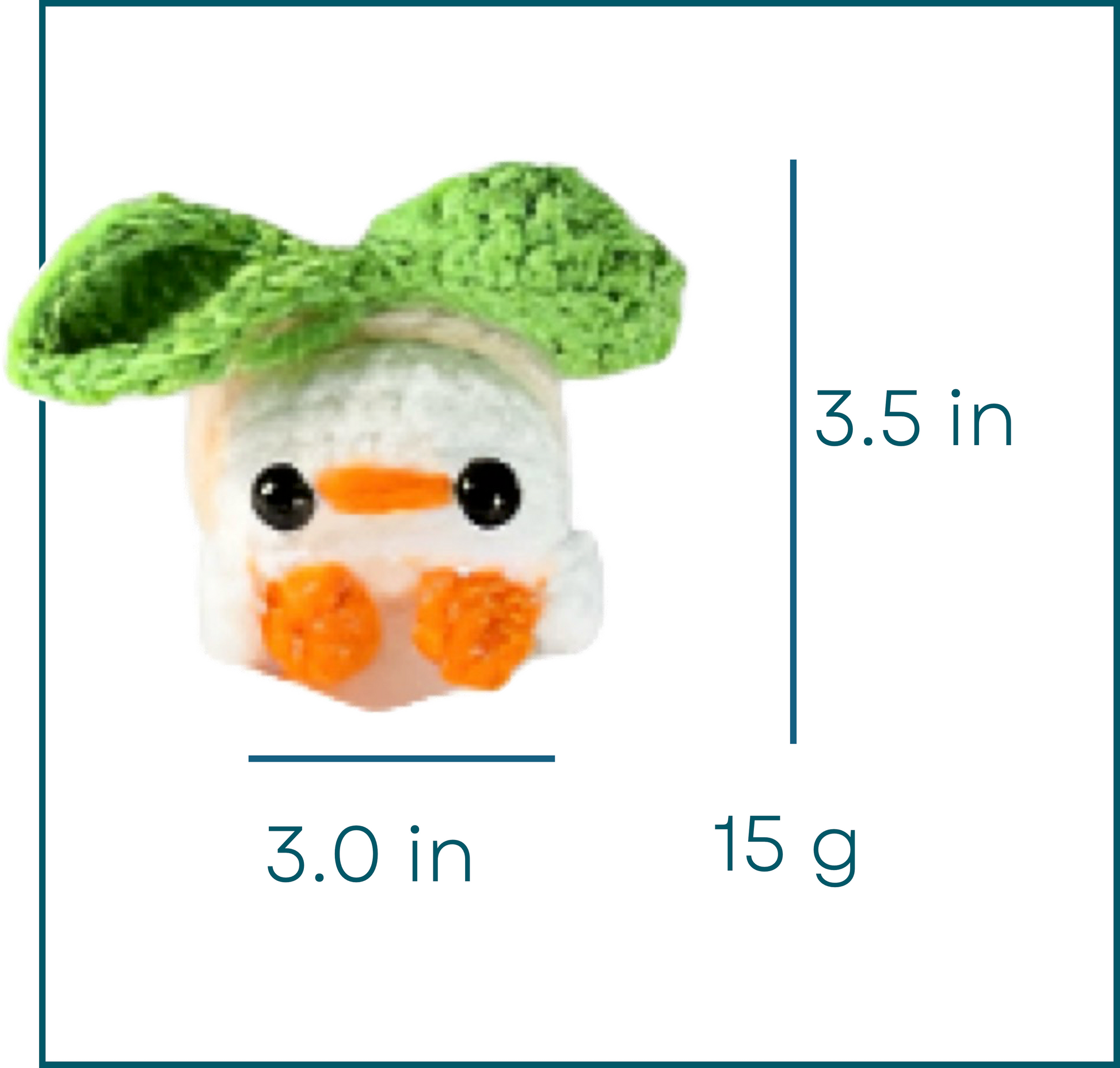 Small crocheted Chunkle Puff cat toy shaped like chick in a peach suit with green head and orange beak, measurements displayed.