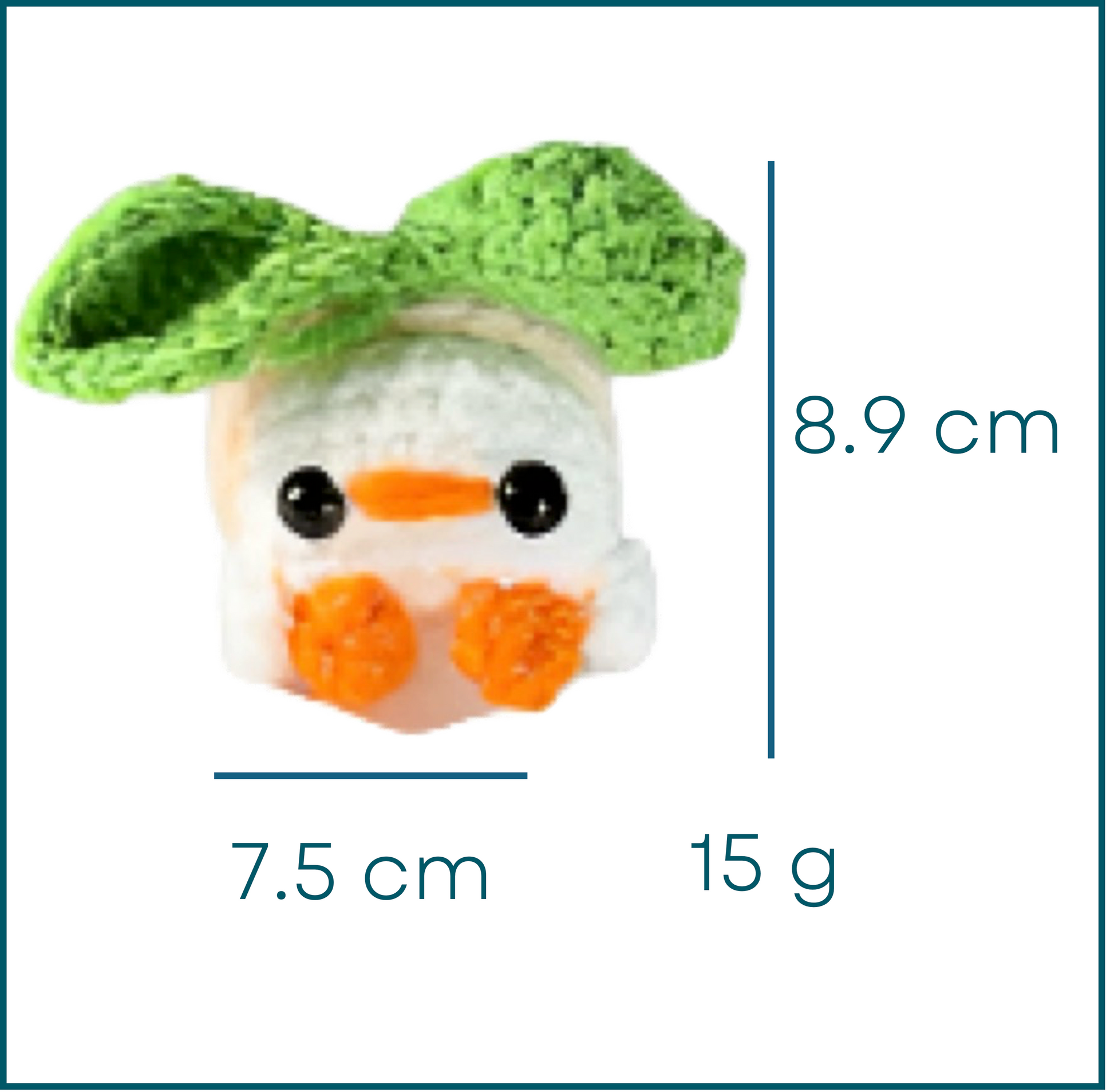Small crocheted little chick cat toy with measurements on a white background