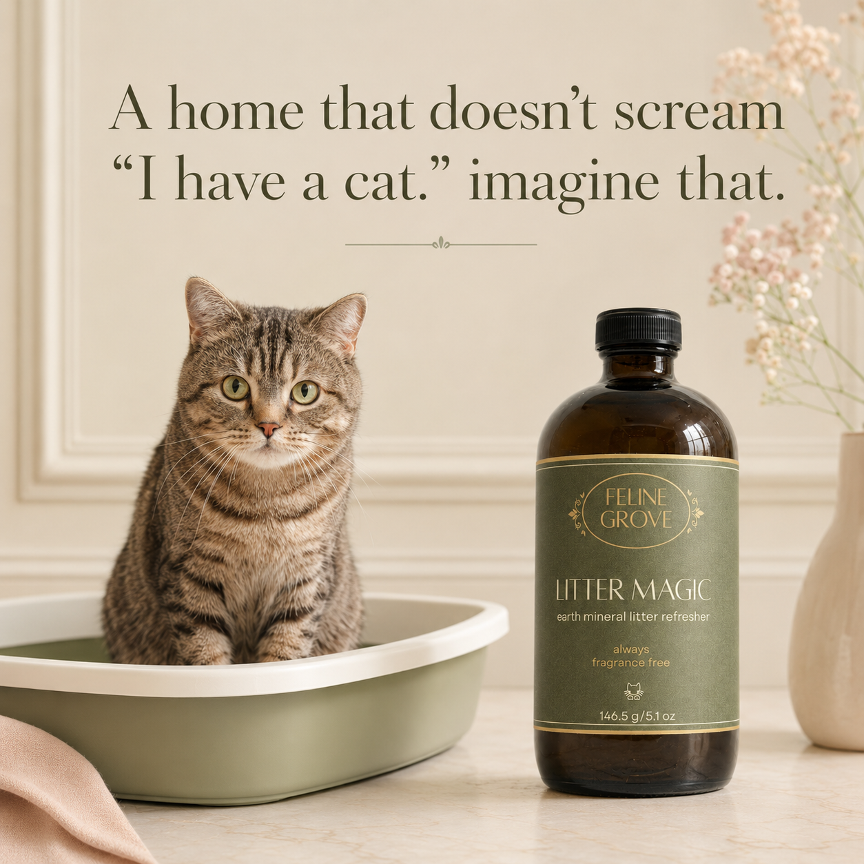 gray tabby cat in a green litter box shown with litter magic and a vase of flowers with the words "a home that doesn't scream I have a cat imagine that."
