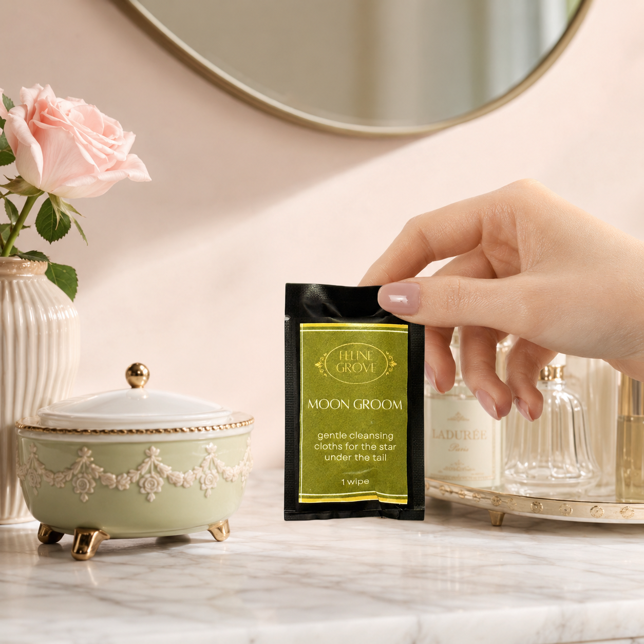 Moon Groom cat butt wipes shown being placed on a bathroom shelf to show scale and use. The background of this image has pink roses, a mirror, and a tray with glass bottles.