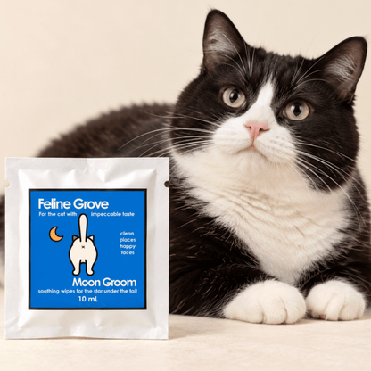 Soothing Kitty Cat Butt Wipes - Moon Groom 2 - wipe with cute black and white chunky tuxedo cat to show consumers this is a cat product. on the package cartoon cat with tail in air on a single packette containing moon groom solution and one wipe